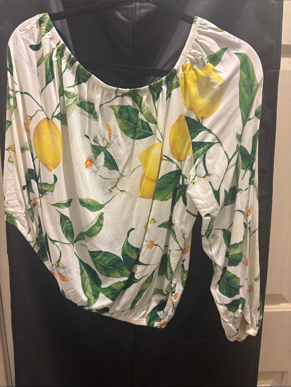 Express White Lemon Print Off-Shoulder Blouse with Green Leaves